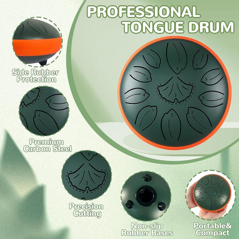 TUOKING Steel Tongue Drum 6 Inch 11 Notes C Key Rain Drum for Adults and Beginners, Handpan Drum Sound Healing Musical Instrument Gift for Meditation, Yoga, Music Lovers(Green) - Image 5
